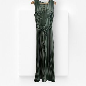 Monteau Striped Jumpsuit Green Open Back Button Front Large